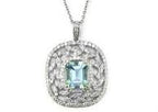 Blue Aquamarine Leaf Leaves Wreath Diamond Halo 14K White Gold Pendant Necklace