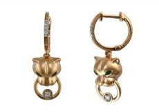 Panther Lioness Leopard Diamond 14K Rose Gold Statement Dangle Emerald Earrings