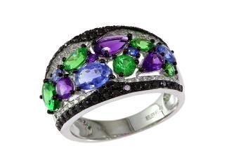 Purple Amethyst Green Tsavorite Blue Sapphire Black Diamonds 14K White Gold Ring