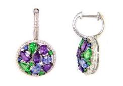 Purple Amethyst Green Tsavorite Blue Sapphire Black Diamonds White Gold Earrings