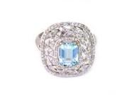 Rectangle Shape Blue Aquamarine & Diamond Halo Pave Set Leaf 14K White Gold Ring