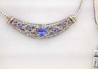 Square Blue Tanzanite White Diamonds Pave 14K White Gold Bib Pendant Necklace