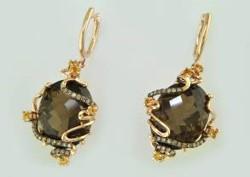 Brown Smoky Quartz Diamond Spiral Scroll Fantasy Fancy 14K Rose Gold Earrings
