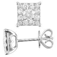 Diamond Square Shape Cluster Pave Set Halo Set 14K White Gold Stud Earrings