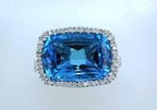 Cushion Shape Swiss Blue Topaz Diamonds Halo Jumbo 14K White Gold Cocktail Ring