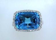 Cushion Shape Swiss Blue Topaz Diamonds Halo Jumbo 14K White Gold Cocktail Ring