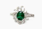 Oval Shape Green Emerald Diamond Pave Halo Set 14K White Gold Statement Ring