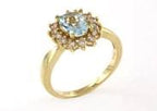Oval Shape Blue Aquamarine Floral Flower 14K Yellow Gold Diamond Halo Ring