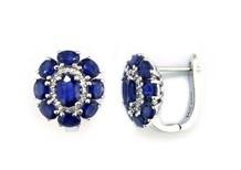 Blue Sapphire Diamond Halo Floral Flower Shape 14K White Gold Statement Earrings