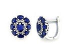 Blue Sapphire Diamond Halo Floral Flower Shape 14K White Gold Statement Earrings