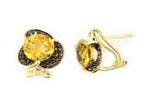 Amber Orange Citrine Diamond Pave Set Flower Floral 14K Yellow Gold Earrings