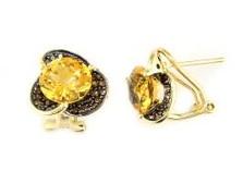 Amber Orange Citrine Diamond Pave Set Flower Floral 14K Yellow Gold Earrings