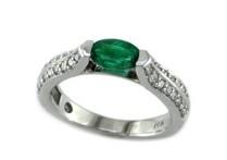 Oval Shape Green Emerald Horizontal Set 14K White Gold Diamonds Pave Ring