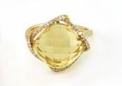 Lemon Quartz Checkerboard Cut Diamond Halo 14K Yellow Gold Statement Ring