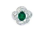 Oval Shape Green Emerald 14K White Gold Diamond Halo Floral Flower Spirals Ring