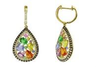 Multicolor Rainbow Sapphires Diamonds Halo 14K Yellow Gold Cluster Drop Earrings