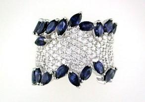 Blue Sapphire Marquise Shape Diamond Pave Set 14K White Gold Statement Band Ring