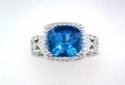 Cushion Shape Swiss Blue Topaz 14K White Gold Diamonds Halo Thick Band Ring