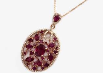 Red Pink Ruby Diamond Halo 14K Rose Gold Pendant Medallion Statement Necklace