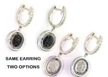 White & Black Diamonds Pave Set Double Flip 14K White Gold Huggie Drop Earrings