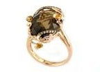 Oval Shape Brown Smoky Quartz Diamonds Halo Scroll Motifs 14K Yellow Gold Ring