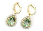Pear Teardrop Green Amethyst Prasiolite 14K Yellow Gold Diamond Halo Earrings