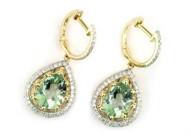 Pear Teardrop Green Amethyst Prasiolite 14K Yellow Gold Diamond Halo Earrings