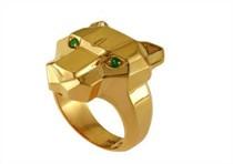 Panther Cat Emeralds Diamonds Head Face Ring 14K Rose Gold Statement Ring
