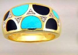Blue Teal Turquoise & Black Onyx Diamonds 14K Yellow Gold Statement Dome Ring