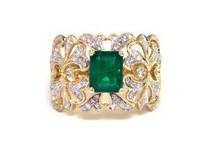 Rectangular Green Emerald Diamond Scroll 14K Yellow Gold Statement Band Ring