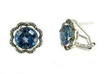 London Blue Topaz Diamond Floral Flower Halo 14K White Gold Statement Earrings