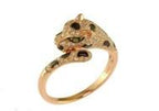 Spotted Leopard Panther Jaguar Diamond Pave 14K Rose Gold Emerald Eyes Ring