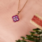 Lily Cut Pink Amethyst & Ruby Halo Set Pendant Rose Gold Necklace