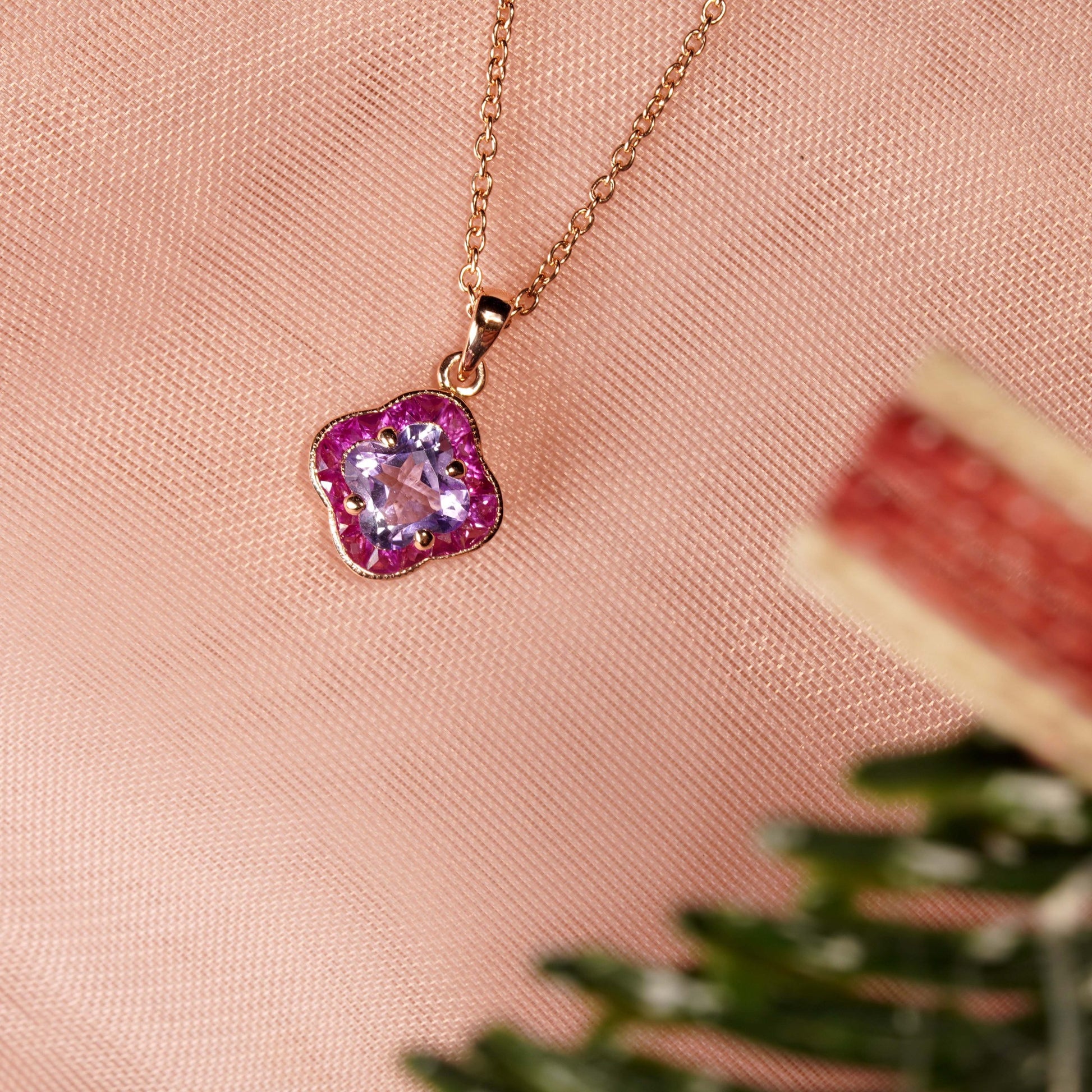 Lily Cut Pink Amethyst & Ruby Halo Set Pendant Rose Gold Necklace