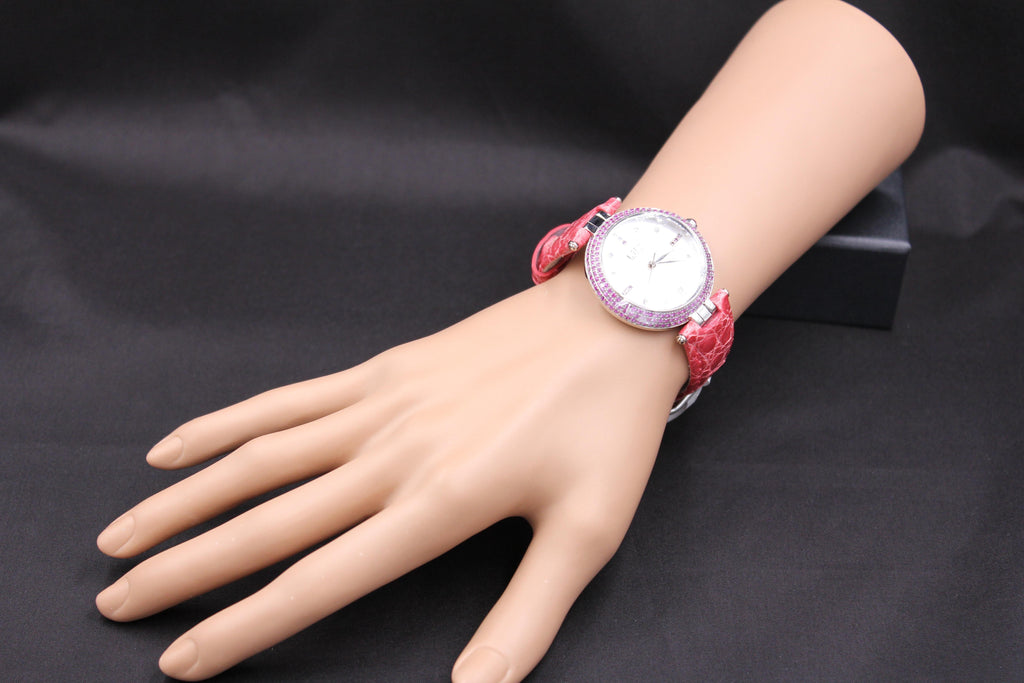 Pink Sapphire & Diamond Pave Dial Luxury Swiss Quartz Exotic Leather Band Watch