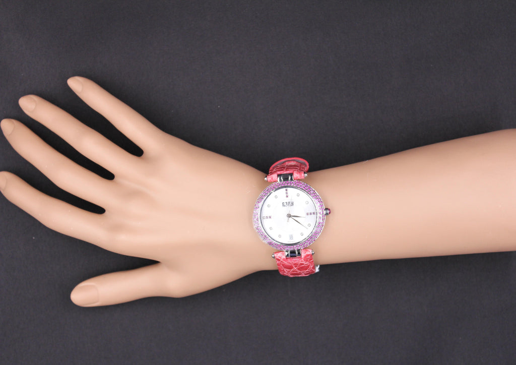 Pink Sapphire & Diamond Pave Dial Luxury Swiss Quartz Exotic Leather Band Watch