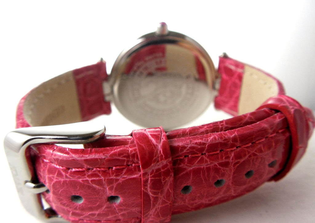 Pink Sapphire & Diamond Pave Dial Luxury Swiss Quartz Exotic Leather Band Watch