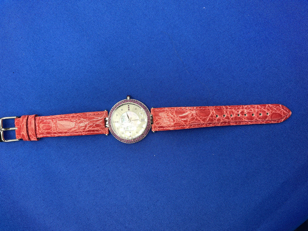 Pink Sapphire & Diamond Pave Dial Luxury Swiss Quartz Exotic Leather Band Watch