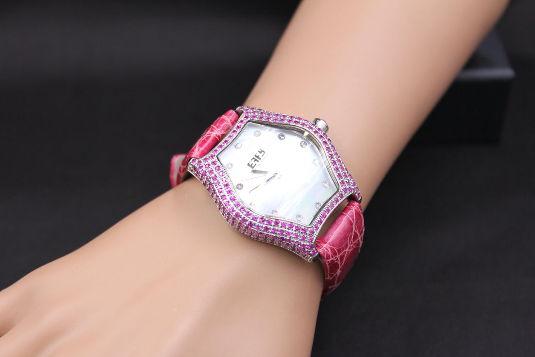 Pink Sapphire &amp; Diamond Pave Dial Luxury Swiss Quartz Exotic Leather Watch