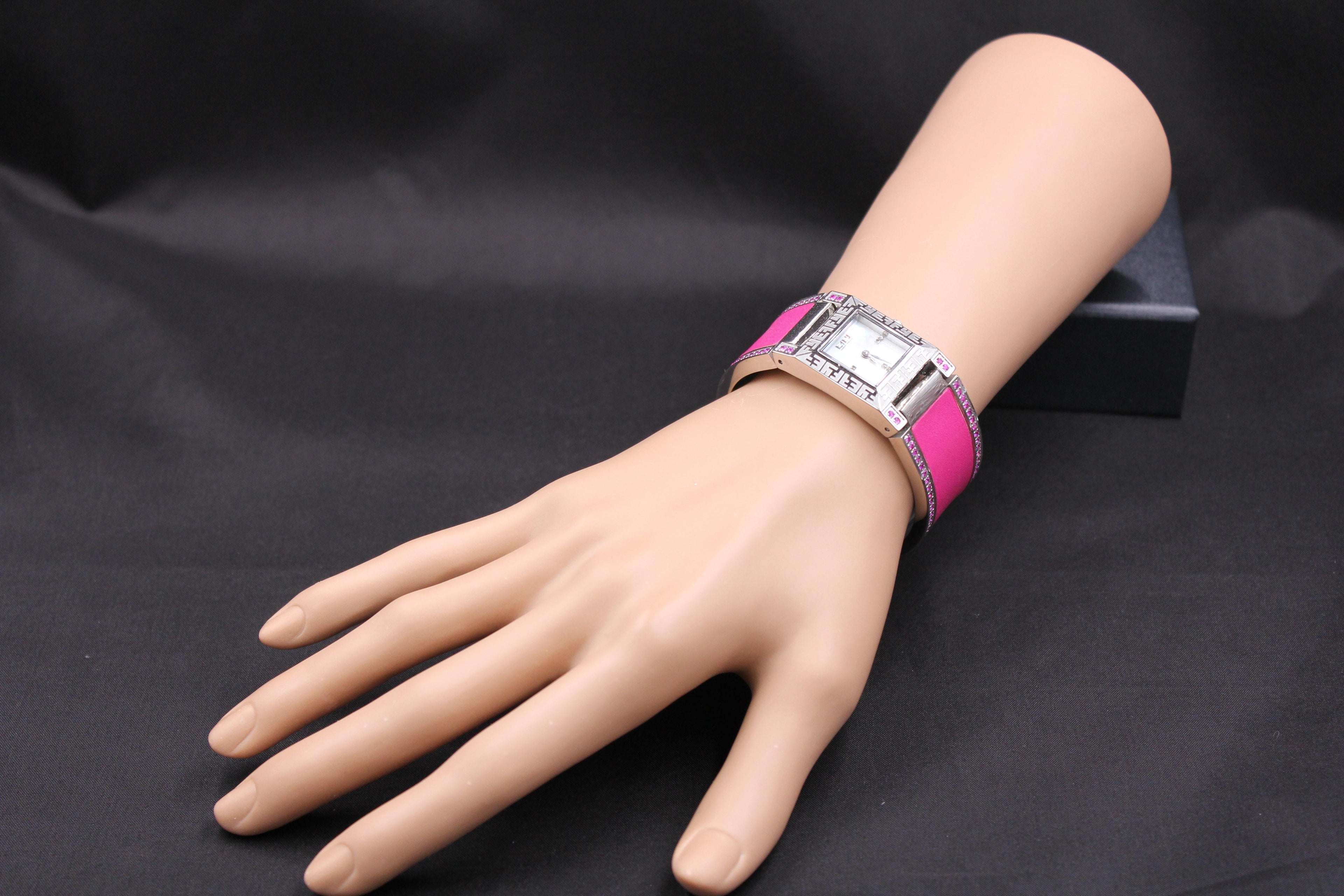 Pink Sapphire &amp; Diamond Pave Dial Luxury Swiss Quartz Exotic Watch 2.76 Tcw