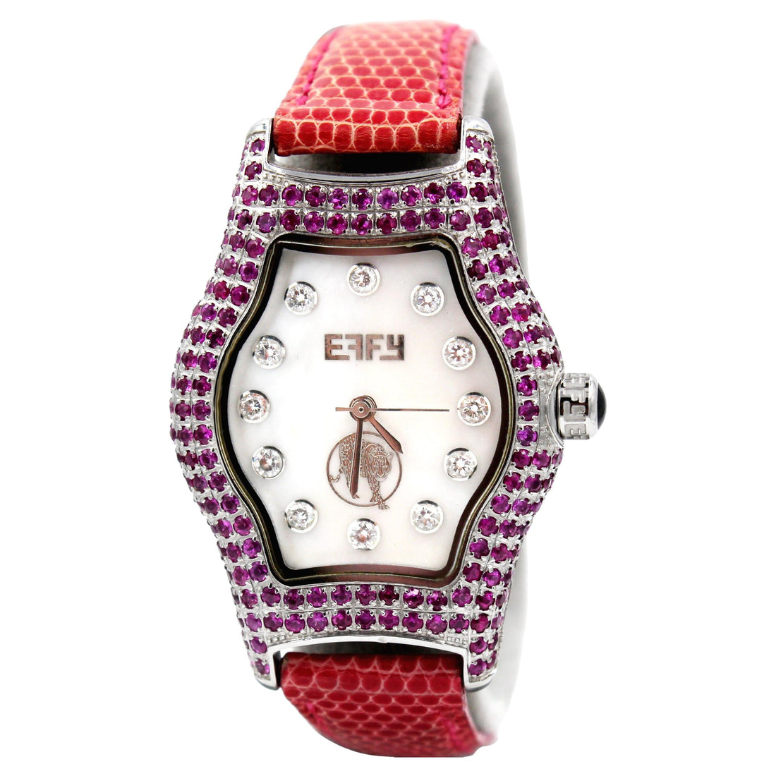 Pink Sapphire &amp; Diamonds Pave Dial Luxury Swiss Quartz Exotic Leather Band Watch