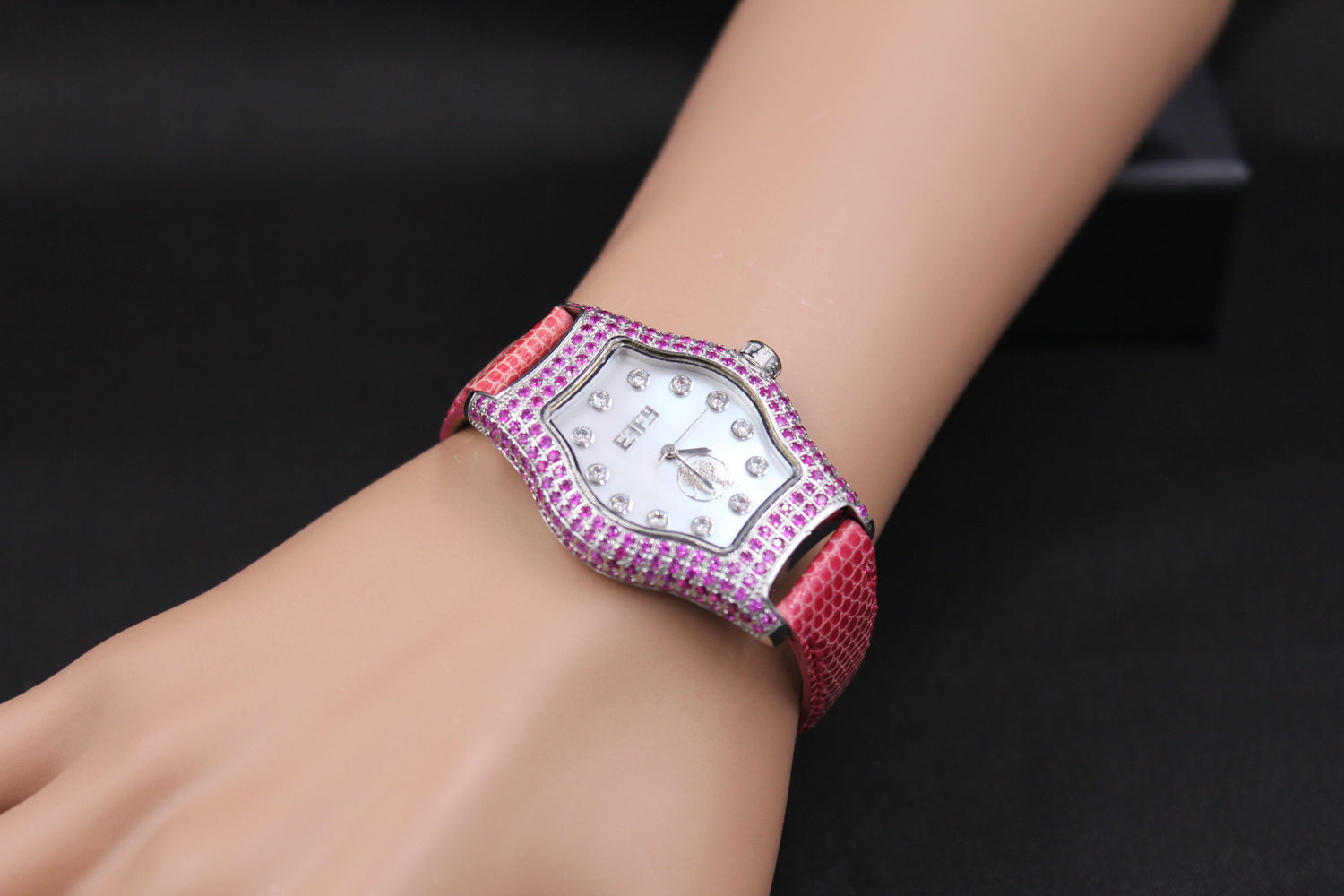 Pink Sapphire &amp; Diamonds Pave Dial Luxury Swiss Quartz Exotic Leather Band Watch