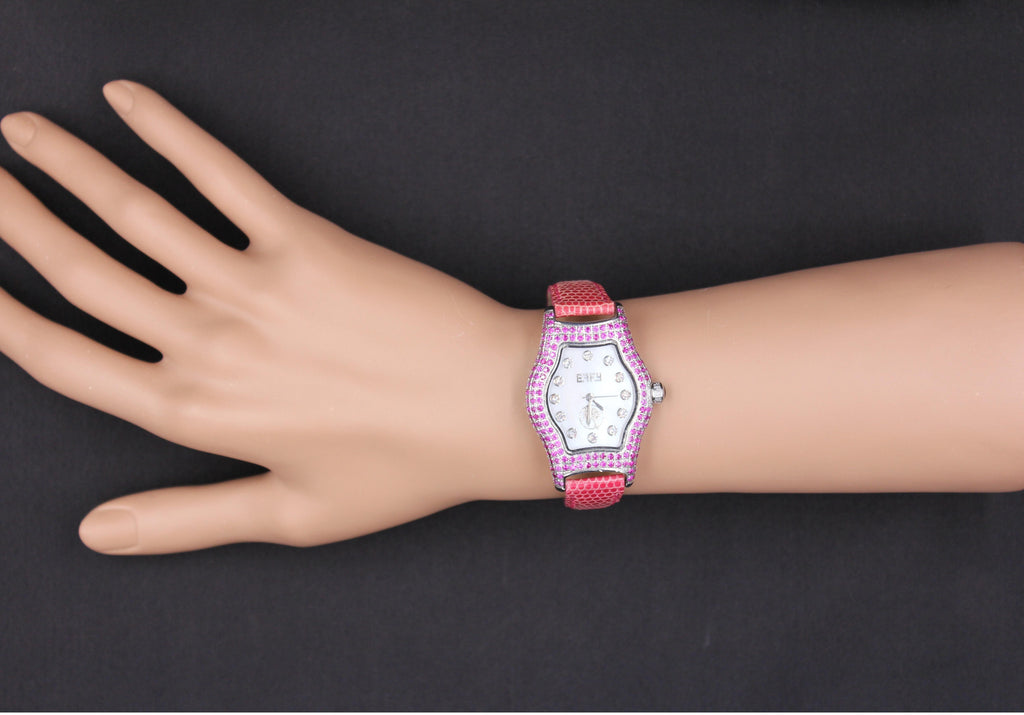 Pink Sapphire & Diamonds Pave Dial Luxury Swiss Quartz Exotic Leather Band Watch