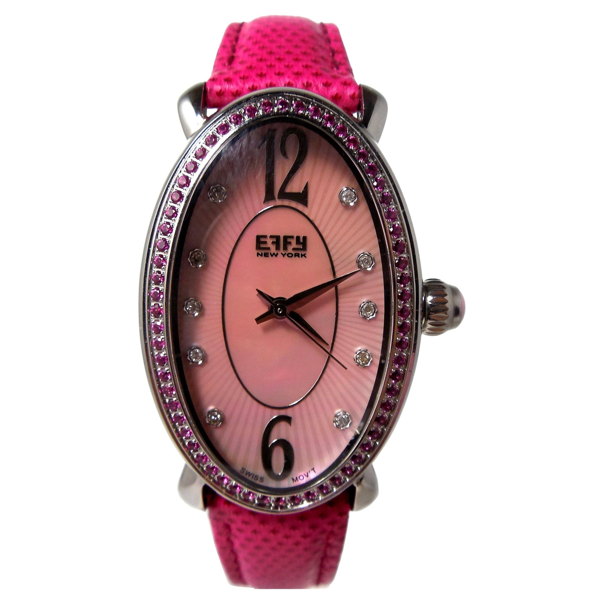 Pink Sapphire Diamonds Pave Dial Luxury Swiss Quartz Exotic Leather Band Watch