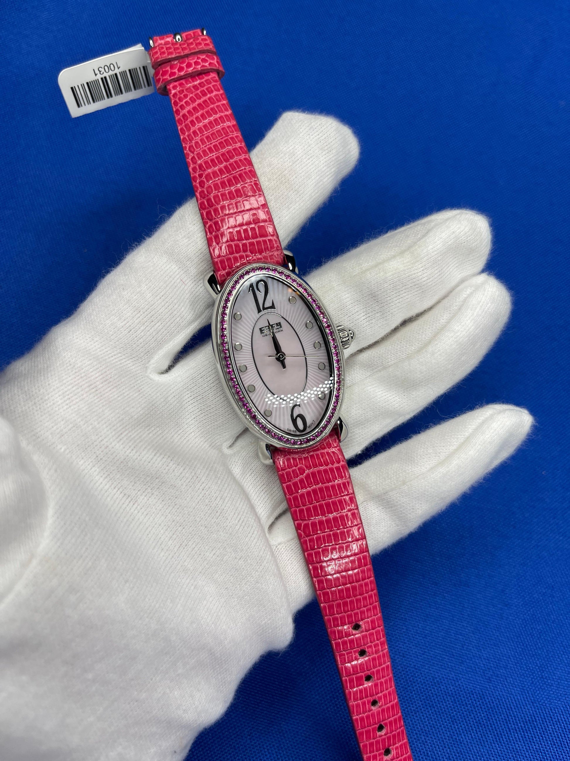 Pink Sapphire Diamonds Pave Dial Luxury Swiss Quartz Exotic Leather Band Watch