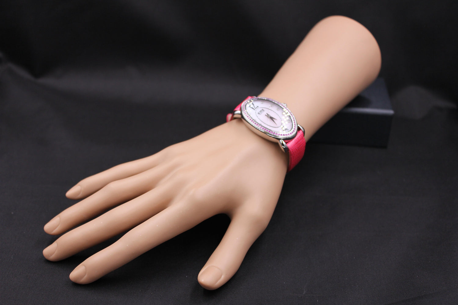 Pink Sapphire Diamonds Pave Dial Luxury Swiss Quartz Exotic Leather Band Watch