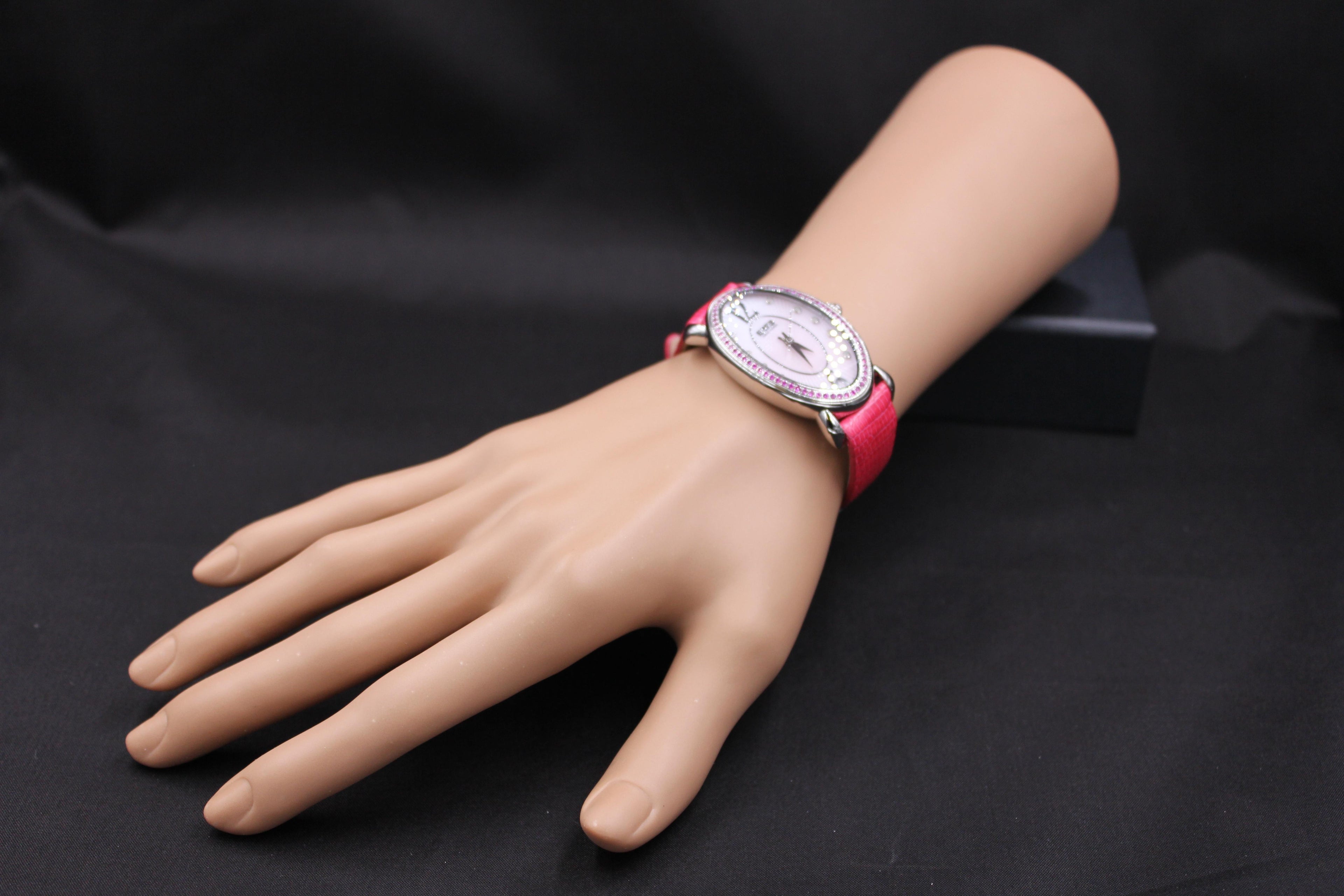 Pink Sapphire Diamonds Pave Dial Luxury Swiss Quartz Exotic Leather Band Watch