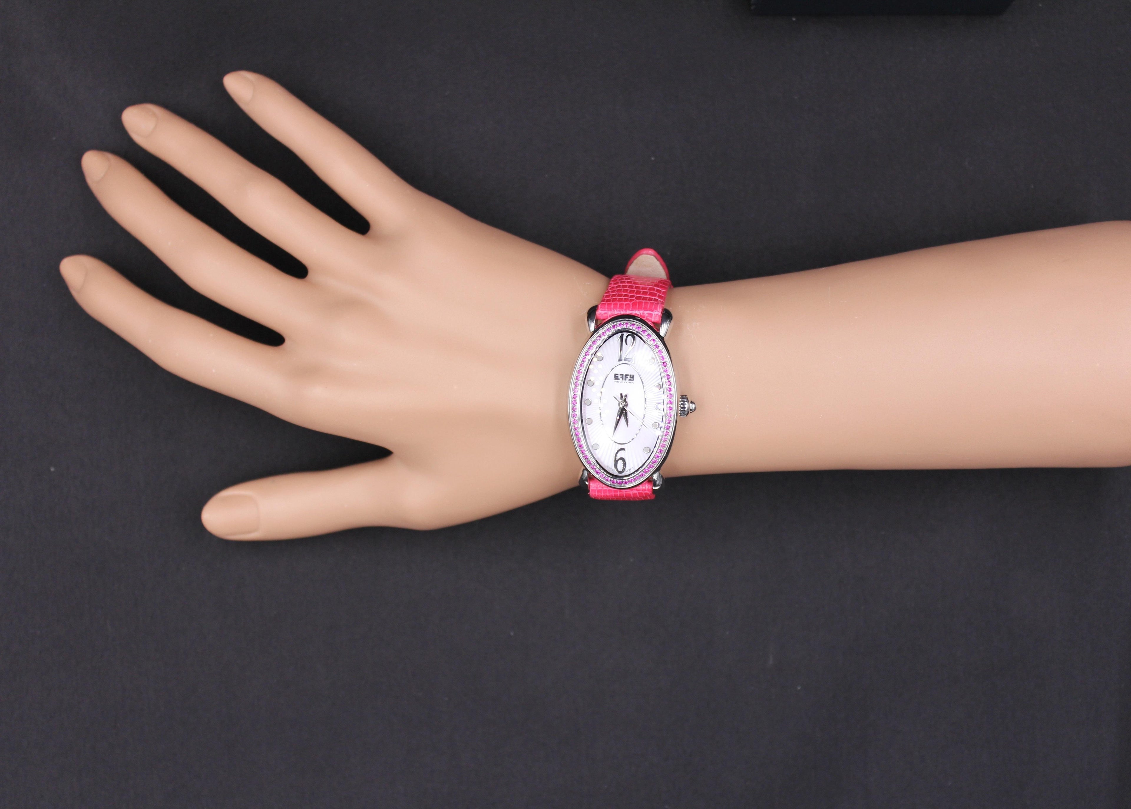 Pink Sapphire Diamonds Pave Dial Luxury Swiss Quartz Exotic Leather Band Watch