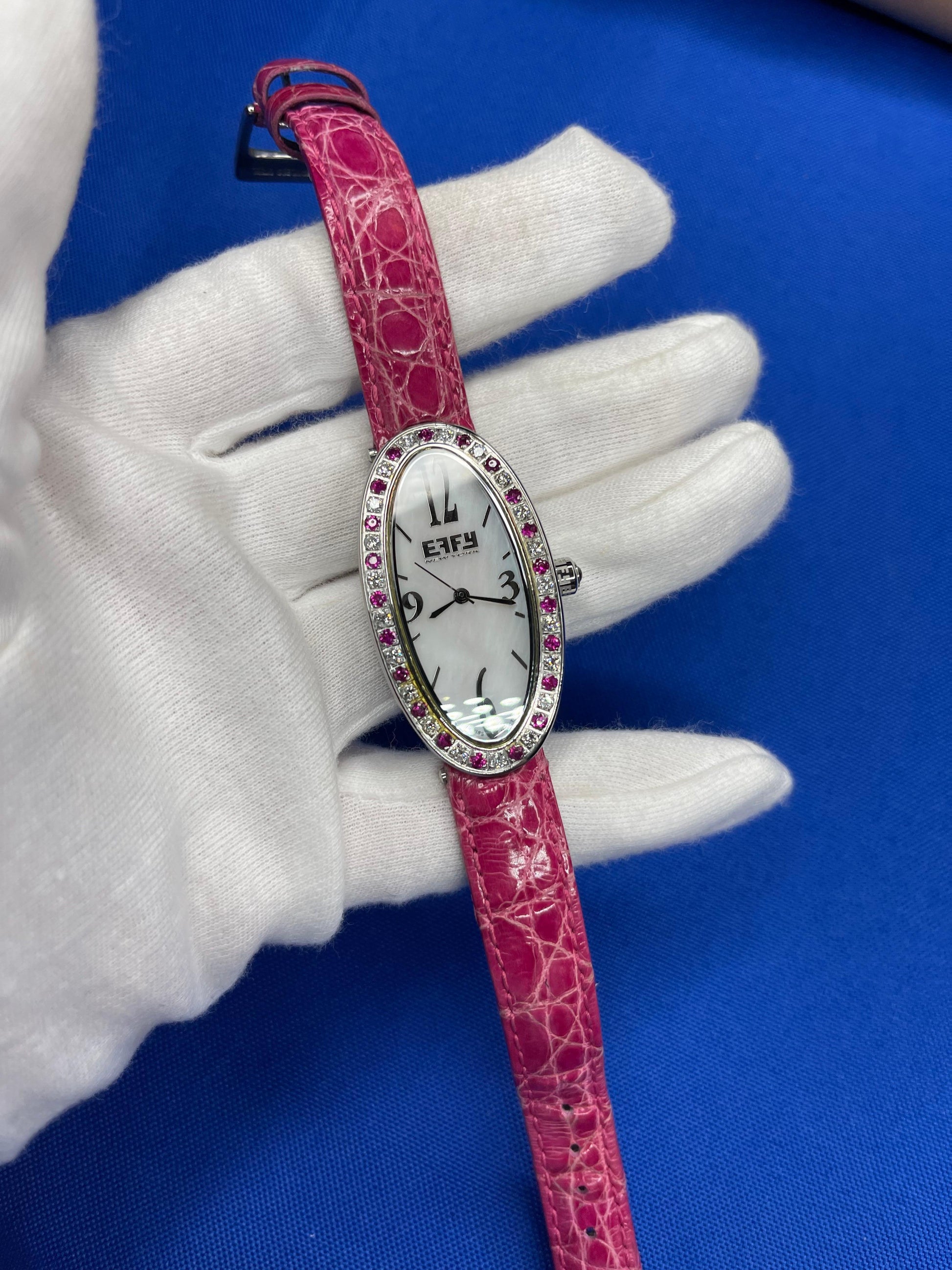 Pink Sapphire Diamonds Pave Dial Luxury Swiss Quartz Exotic Leather Band Watch