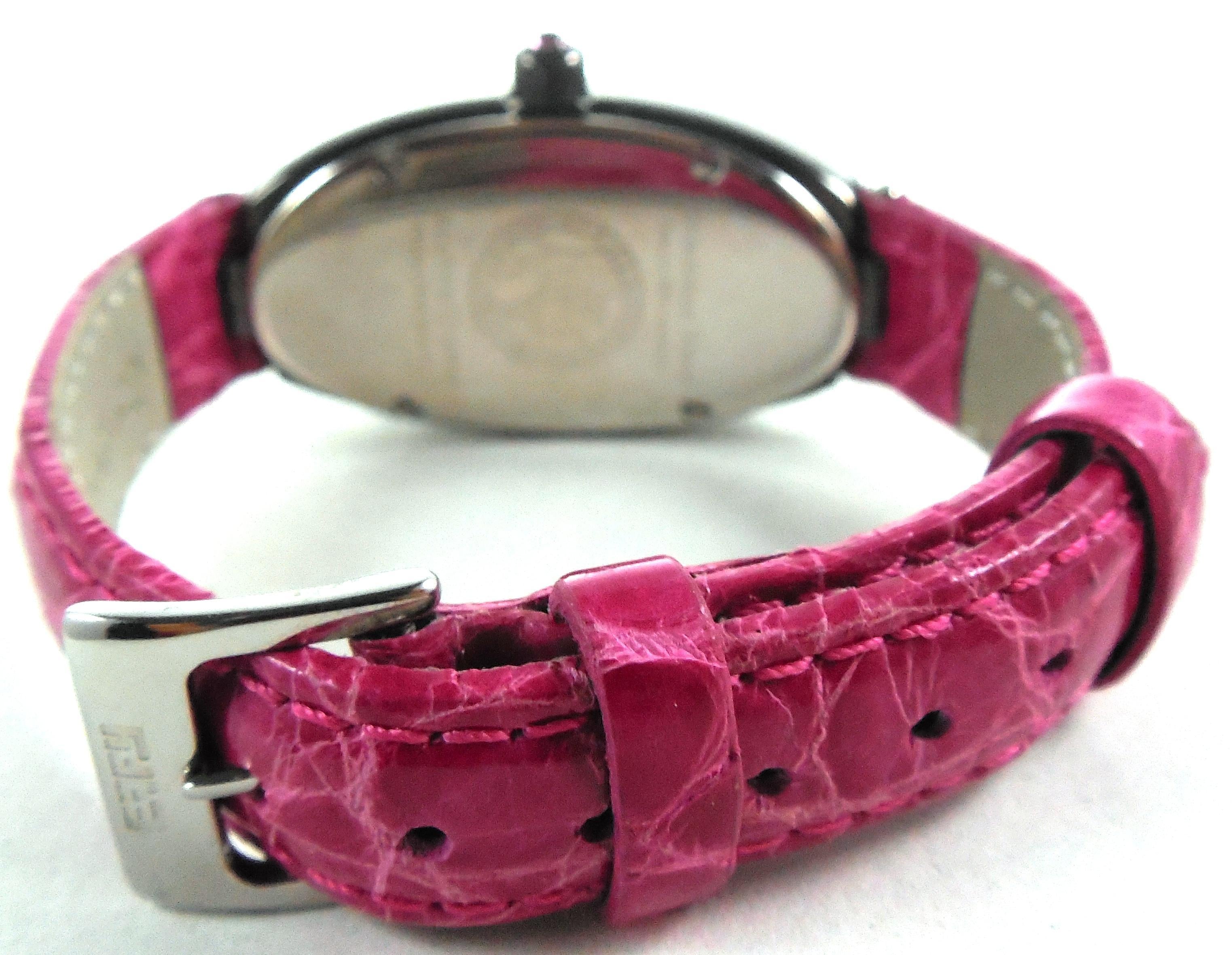 Pink Sapphire Diamonds Pave Dial Luxury Swiss Quartz Exotic Leather Band Watch